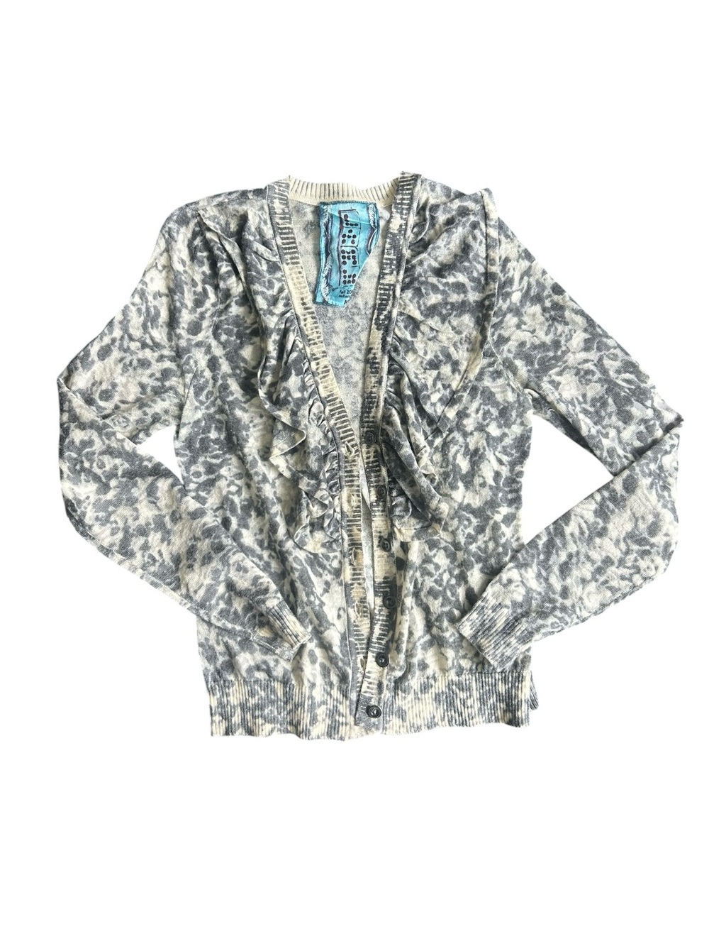 L.A.M.B. Gray and Cream Ruffle Front Cardigan